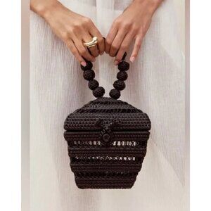 NWT CULT GAIA Suri Rattan Raffia Woven Top Handle Bag In Black